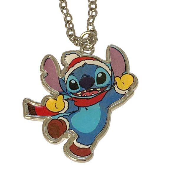 Disney Lilo & Stitch Christmas Necklace Santa Hat Holiday Silver Tone 19" Chain - Picture 1 of 8
